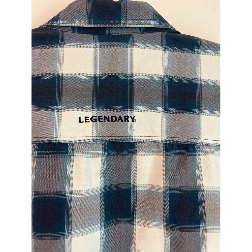 Legendary Outdoors‎ Mens Large Plaid Button Up Long Sleeve Shirt Navy Blue White - Picture 5 of 7